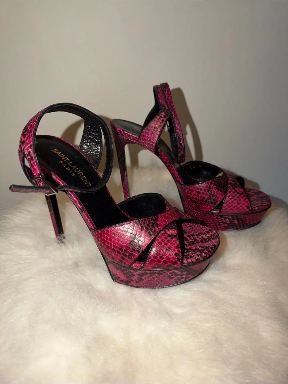 Saint Laurent Pink Snakeskin Crisscross Platform Sandals - Picture 2 of 5